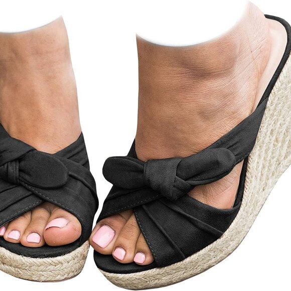 Womens Espadrille Wedge Sandals Faux Suede Open Toe Slides Summer Shoes - Picture 1 of 3